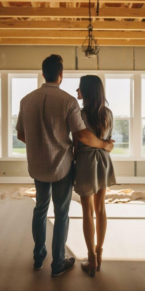 A couple standing and embracing in a large, unfinished room with exposed framing, looking out through a series of large windows in a new construction home.