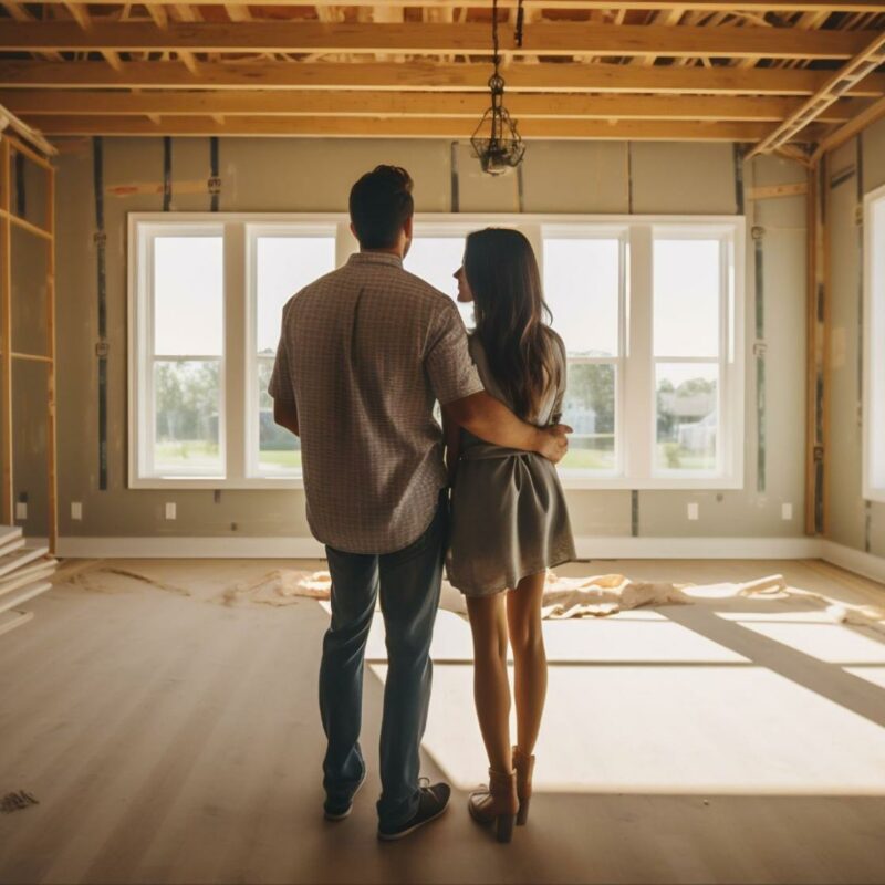 A couple standing and embracing in a large, unfinished room with exposed framing, looking out through a series of large windows in a new construction home.